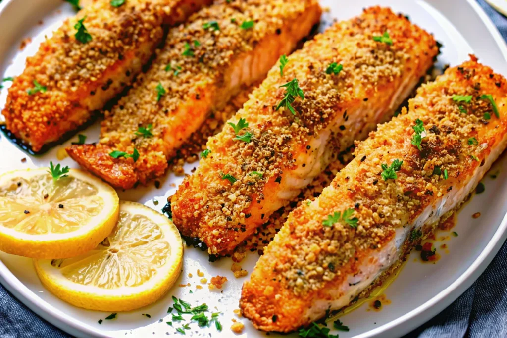 Crispy Parmesan crusted baked salmon recipe with golden brown coating on a white plate garnished with lemon wedges and fresh parsley, showing flaky fish interior