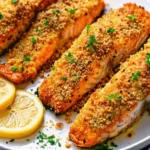 Crispy Parmesan crusted baked salmon recipe with golden brown coating on a white plate garnished with lemon wedges and fresh parsley, showing flaky fish interior