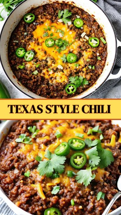 Texas style chili recipe served in white bowl topped with melted cheese, sliced jalapeños, and fresh cilantro