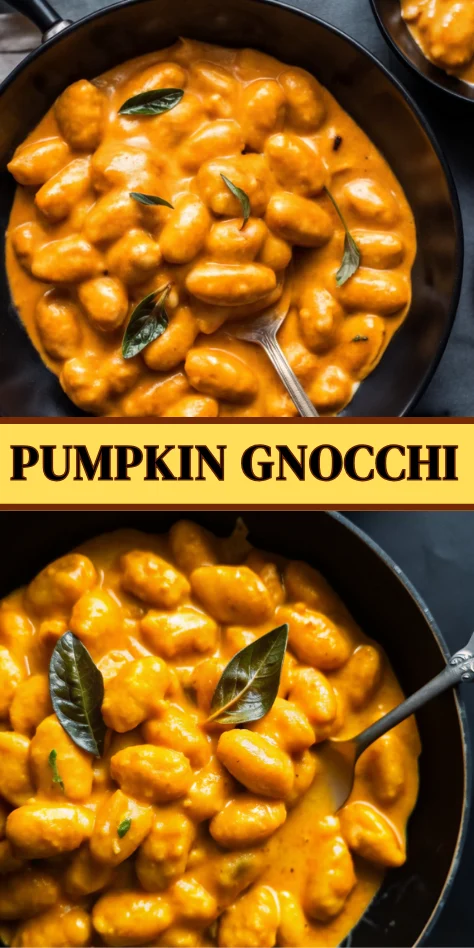 Creamy pumpkin gnocchi in a white bowl topped with fried sage leaves and drizzled with balsamic reduction