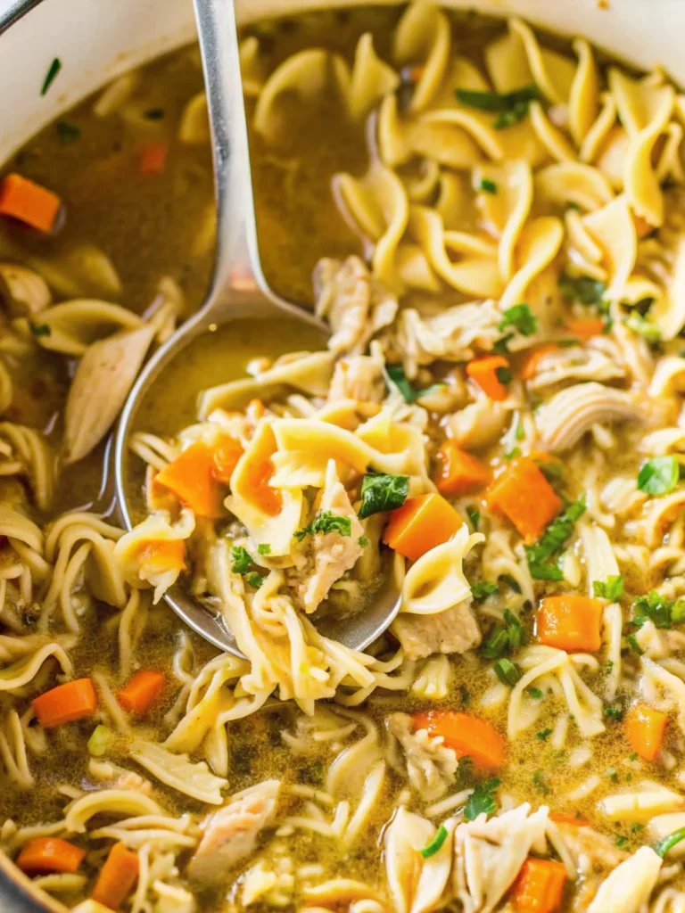 Homemade chicken noodle soup with tender shredded chicken, egg noodles, carrots, and celery in rich golden broth served in white bowl