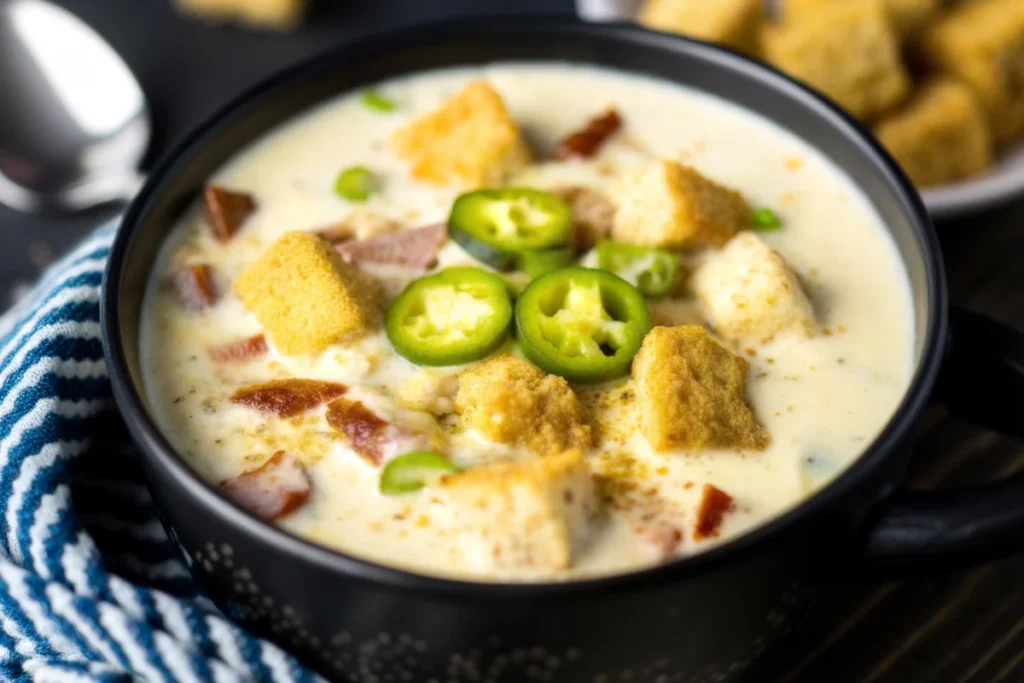 Creamy jalapeno popper soup recipe served in white bowl with bacon crumbles and fresh jalapenos garnish