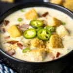 Creamy jalapeno popper soup recipe served in white bowl with bacon crumbles and fresh jalapenos garnish