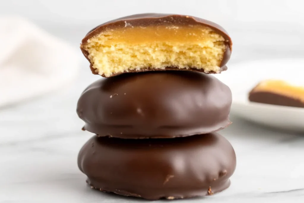 Homemade Twix bites arranged on white parchment paper showing layers of vanilla wafer cookie, caramel, and glossy chocolate coating with one bite cut in half revealing the internal layers