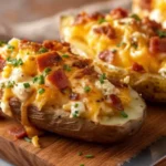 Creamy twice baked potatoes in the oven topped with melted cheddar, garnished with chives and bacon bits