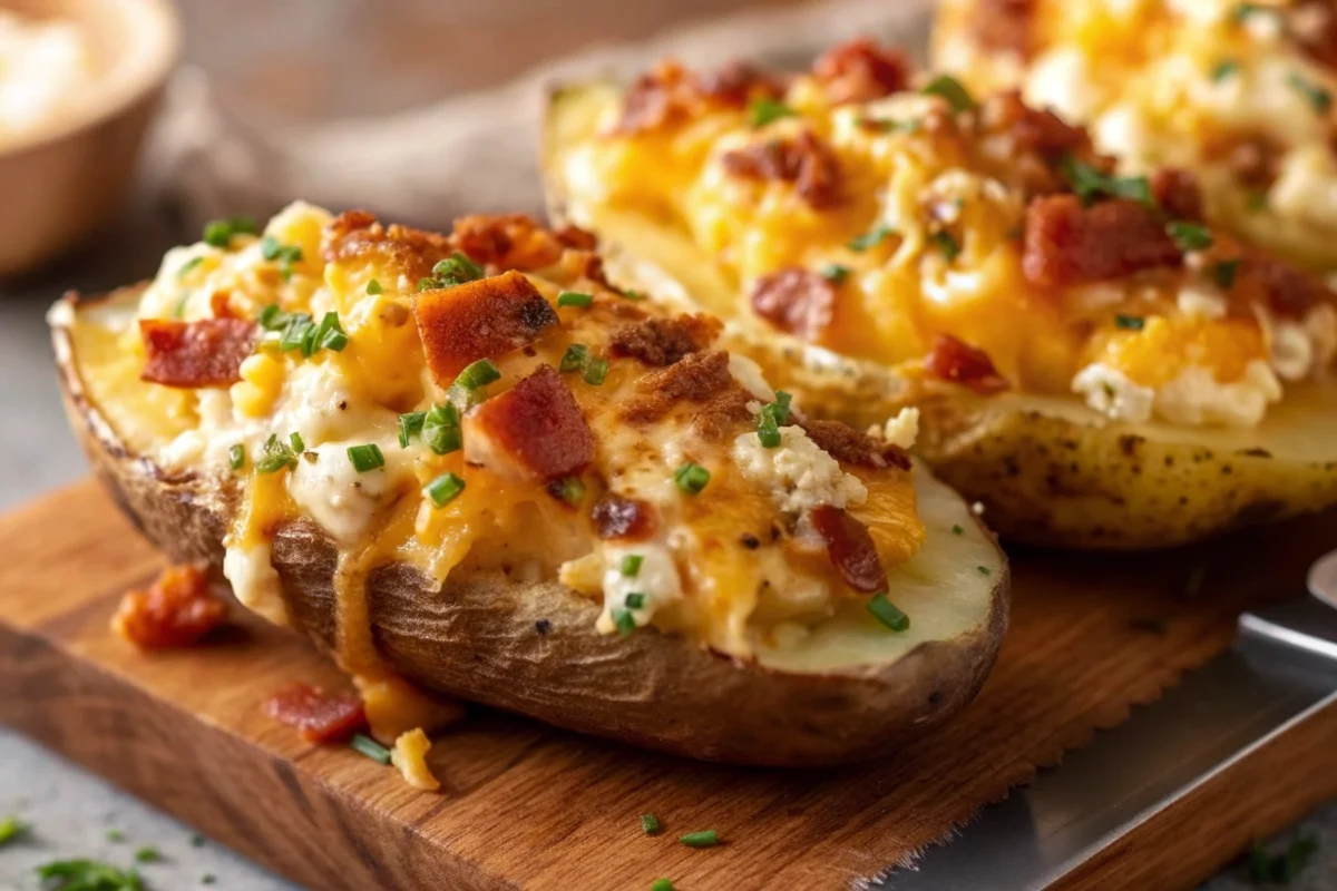 Creamy twice baked potatoes in the oven topped with melted cheddar, garnished with chives and bacon bits