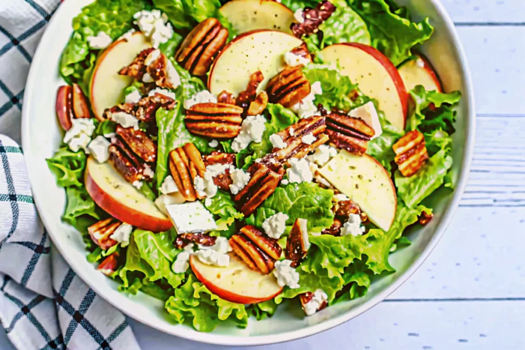 A beautifully composed autumn salad featuring fresh mixed greens as the base, topped with thin slices of crisp Honeycrisp apples, crumbled white feta cheese, golden toasted walnuts, and ruby red dried cranberries. The honey mustard vinaigrette glistens lightly over the ingredients, creating an appetizing display of fall colors and textures. The salad is presented in a clean white serving bowl that highlights the natural colors of this seasonal autumn salad recipe.