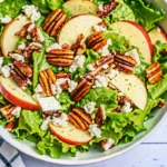 A beautifully composed autumn salad featuring fresh mixed greens as the base, topped with thin slices of crisp Honeycrisp apples, crumbled white feta cheese, golden toasted walnuts, and ruby red dried cranberries. The honey mustard vinaigrette glistens lightly over the ingredients, creating an appetizing display of fall colors and textures. The salad is presented in a clean white serving bowl that highlights the natural colors of this seasonal autumn salad recipe.