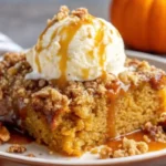Easy pumpkin dump cake with golden brown topping and pecans served on white plate with whipped cream, perfect fall dessert recipe