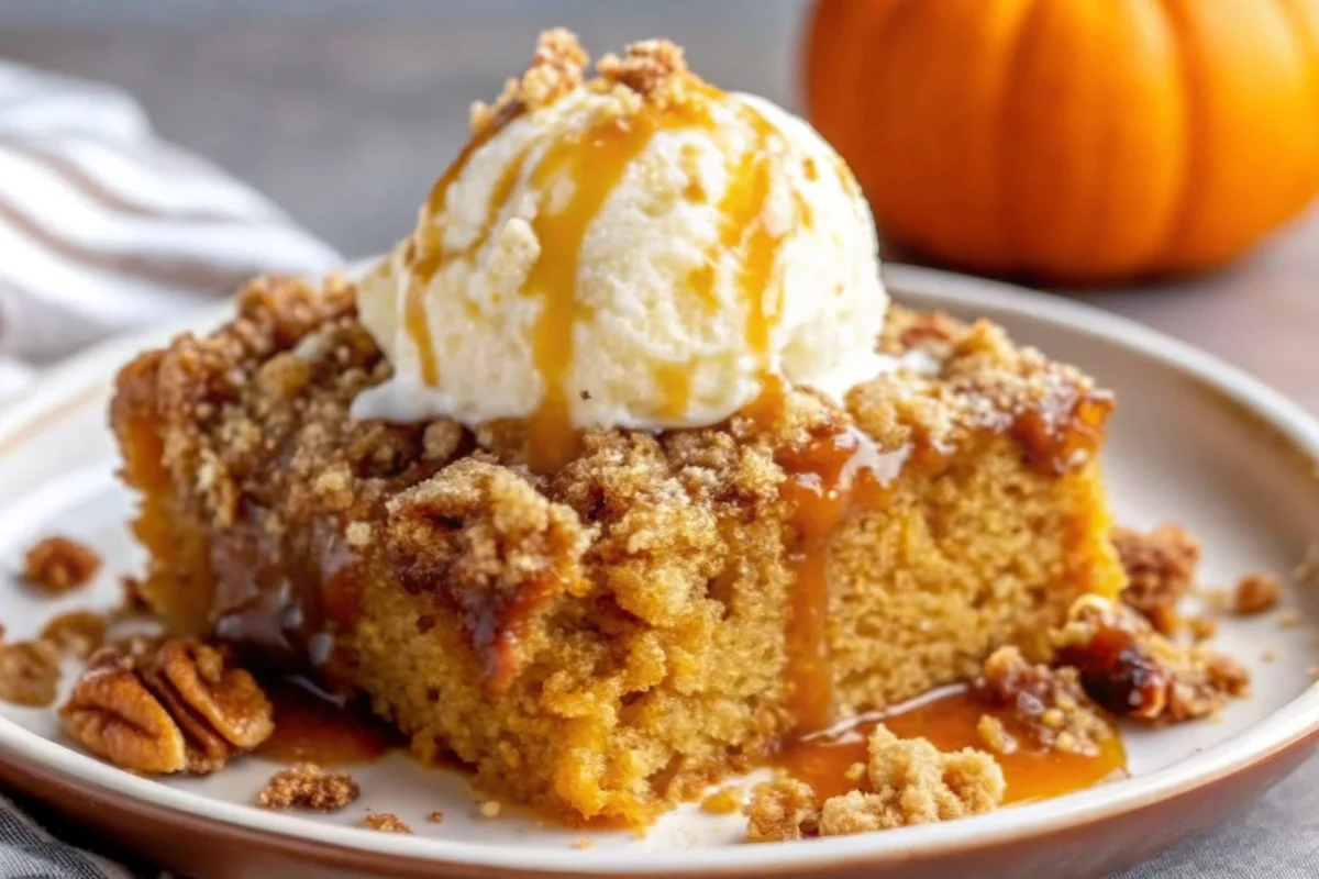 Easy pumpkin dump cake with golden brown topping and pecans served on white plate with whipped cream, perfect fall dessert recipe