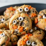 Halloween chocolate chip cookies with orange and black sprinkles and candy eyes on parchment paper