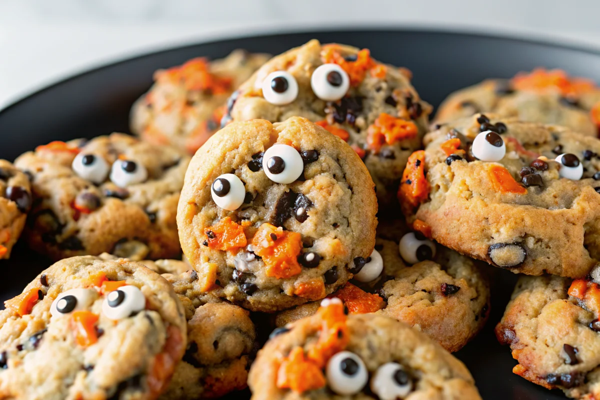 Halloween chocolate chip cookies with orange and black sprinkles and candy eyes on parchment paper