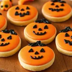Orange Sugar Cookie Pumpkins arranged on parchment paper showing chocolate-coated Oreos decorated with pretzel stems and green M&M leaves