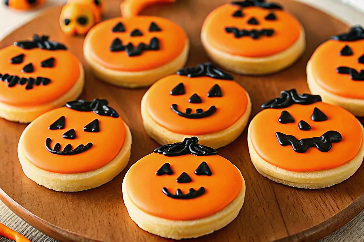 Orange Sugar Cookie Pumpkins arranged on parchment paper showing chocolate-coated Oreos decorated with pretzel stems and green M&M leaves