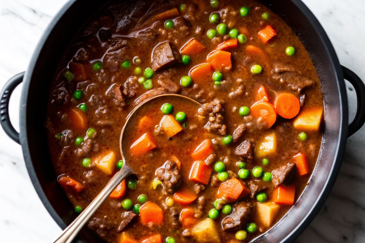 Hearty homemade beef stew with tender chuck meat, carrots, potatoes, and rich brown gravy in rustic bowl with crusty bread