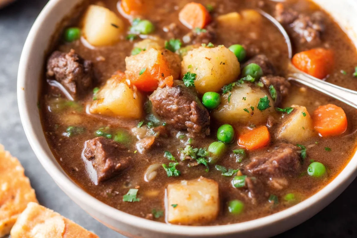 Hearty homemade beef stew with tender chunks of beef, carrots, potatoes, and peas in rich brown broth served in white bowl