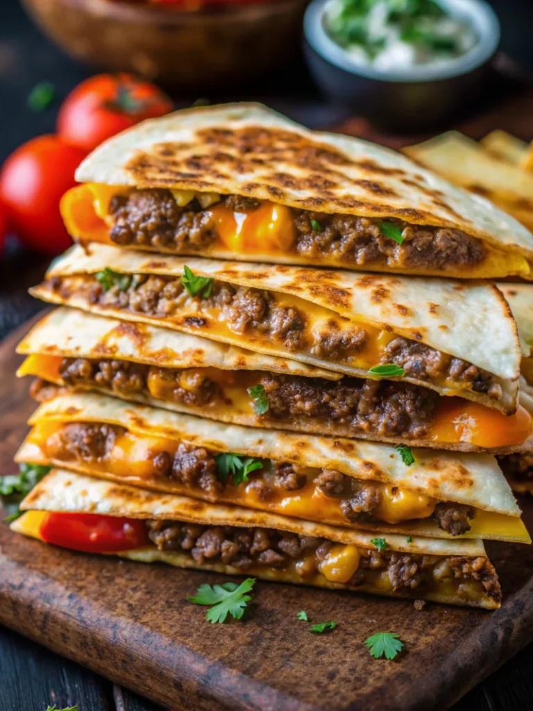 Crispy golden smashburger quesadillas cut into triangular wedges showing melted cheese and seasoned ground beef filling, perfect recipe ideas for easy weeknight dinners