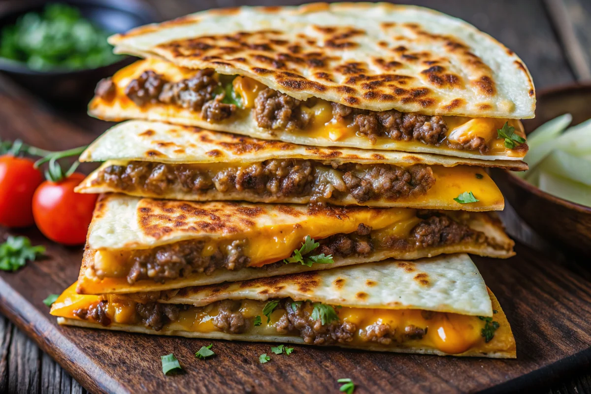 Crispy golden smashburger quesadillas cut into triangular wedges showing melted cheese and seasoned ground beef filling, perfect recipe ideas for easy weeknight dinners