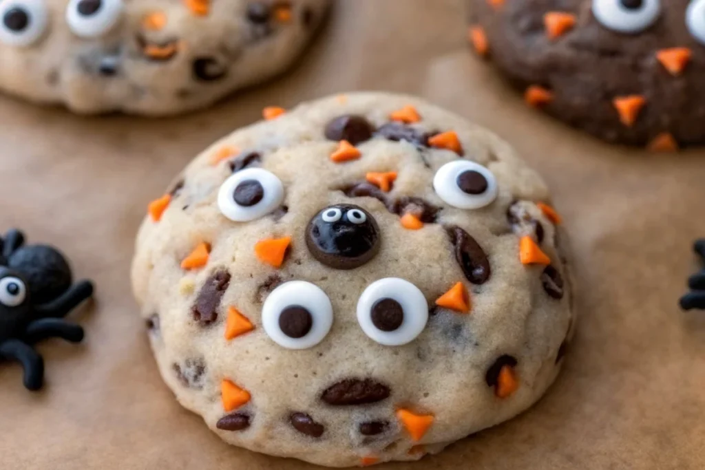 Easy Halloween Oreo stuffed chocolate chip cookies with orange sprinkles and chocolate chips on cooling rack - perfect halloween treats