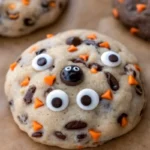 Easy Halloween Oreo stuffed chocolate chip cookies with orange sprinkles and chocolate chips on cooling rack - perfect halloween treats