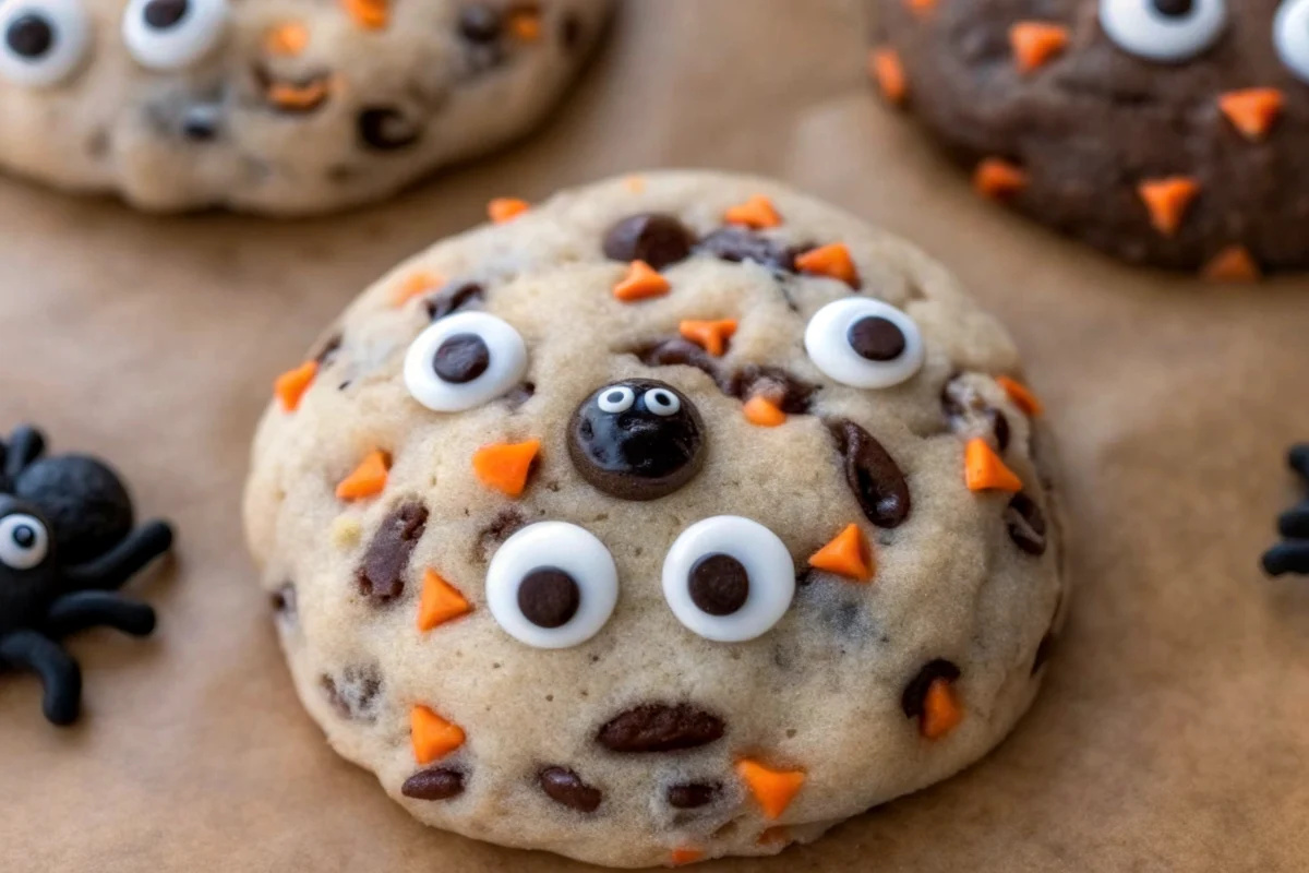 Easy Halloween Oreo stuffed chocolate chip cookies with orange sprinkles and chocolate chips on cooling rack - perfect halloween treats