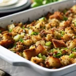 A close-up shot of homemade Thanksgiving stuffing in a white baking dish, showcasing its golden-brown, crispy top and visible pieces of celery and herbs. This is one of many delicious thanksgiving recipes for a holiday feast.