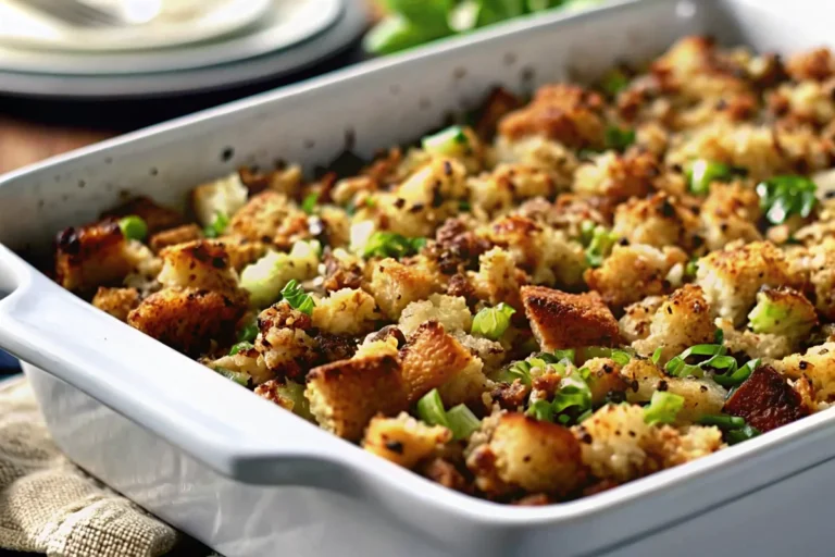 A close-up shot of homemade Thanksgiving stuffing in a white baking dish, showcasing its golden-brown, crispy top and visible pieces of celery and herbs. This is one of many delicious thanksgiving recipes for a holiday feast.
