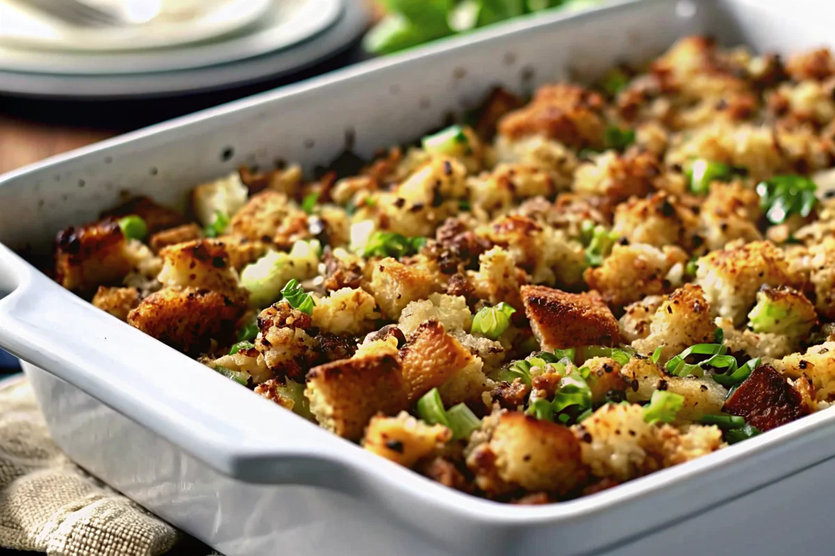A close-up shot of homemade Thanksgiving stuffing in a white baking dish, showcasing its golden-brown, crispy top and visible pieces of celery and herbs. This is one of many delicious thanksgiving recipes for a holiday feast.