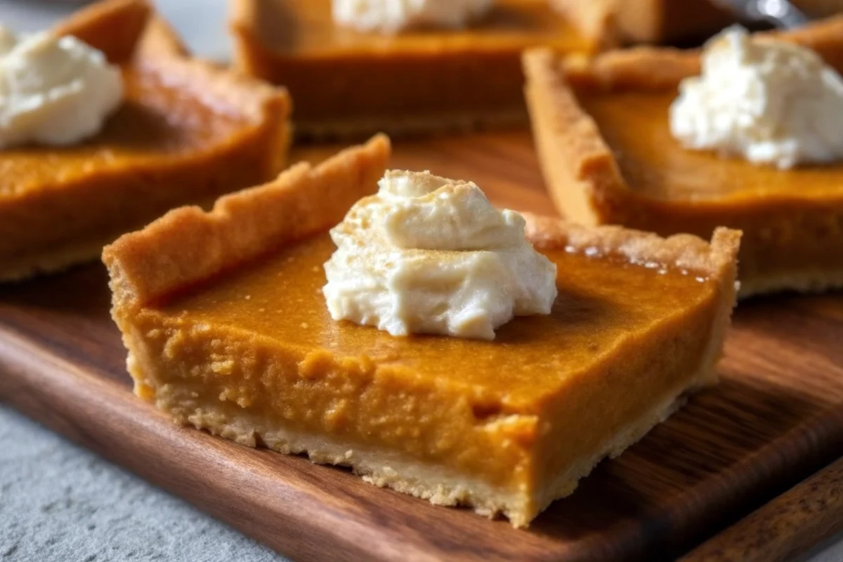 Delicious pumpkin pie bars with graham cracker crust topped with whipped cream on white serving plate