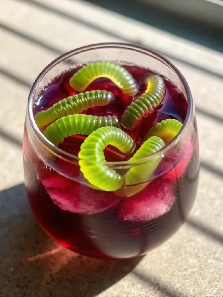 Spooky Halloween grape punch in black cauldron with gummy worms and dry ice creating mysterious purple beverage for Halloween party