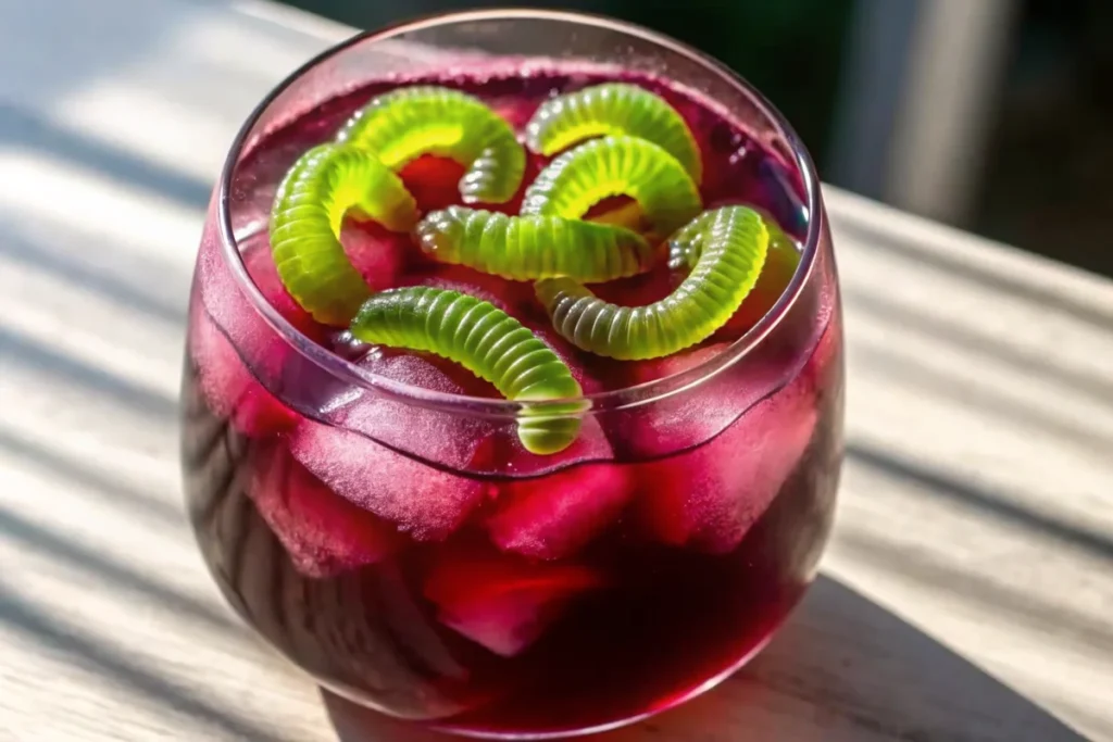 Spooky Halloween grape punch in black cauldron with gummy worms and dry ice creating mysterious purple beverage for Halloween party