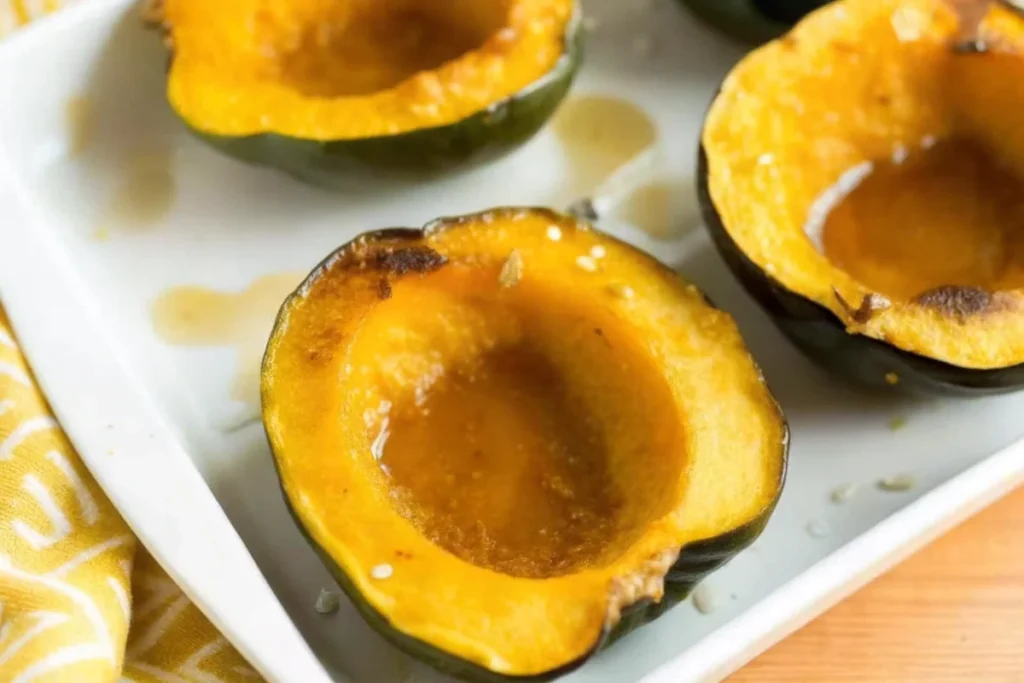 Golden acorn squash baked with butter and brown sugar, showing caramelized edges and tender flesh in oven-safe baking dish