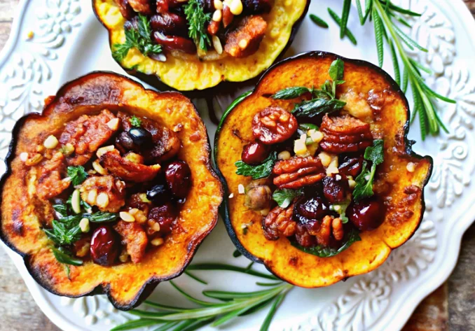 Golden acorn squash baked halves stuffed with savory Italian sausage, spinach, cranberries and pecans on white ceramic plate