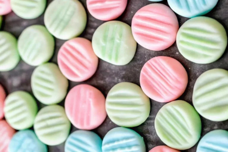 Homemade cream cheese mints arranged on white parchment paper showing classic crosshatch pattern made with fork tines, perfect for weddings and special events