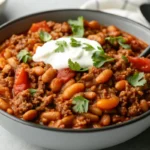 Best ground beef stovetop chil recipe in white bowl topped with cheese and green onions on wooden table