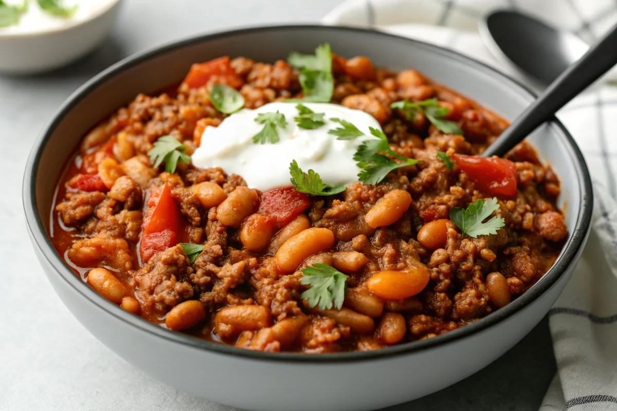 Best ground beef stovetop chil recipe in white bowl topped with cheese and green onions on wooden table