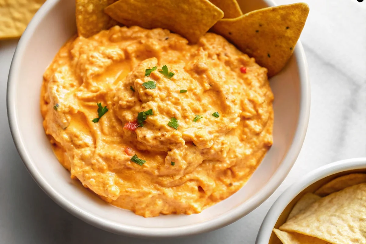 Creamy buffalo chicken dip in slow cooker with tortilla chips and celery sticks for game day appetizer