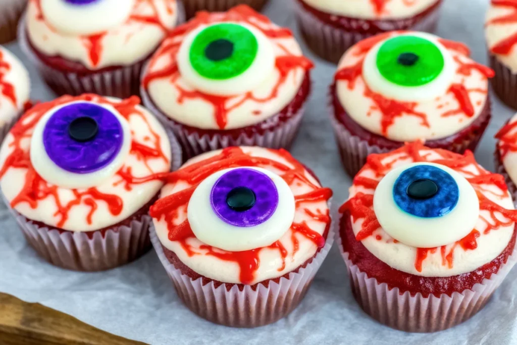 Spooky Halloween eyeball cupcakes with red velvet base, white buttercream frosting, realistic fondant eyeballs, and blood-red veins dripping down the sides