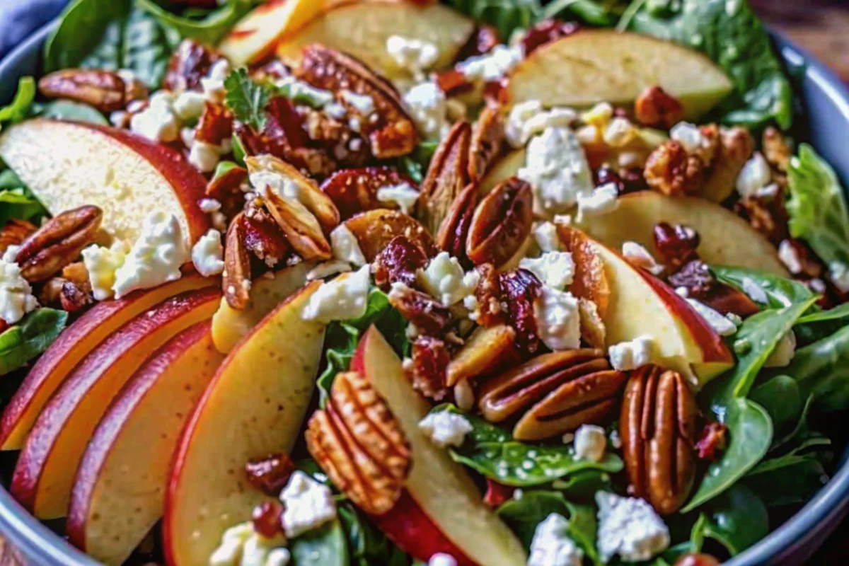 Fresh autumn salad with Honeycrisp apples, feta cheese, mixed greens, and pomegranate seeds drizzled with apple cider vinaigrette