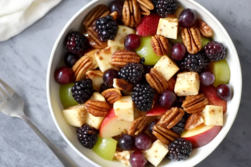 Colorful fall fruit salad with diced apples, pears, grapes, and pomegranate seeds in a white bowl, topped with toasted pecans and drizzled with maple cinnamon dressing, perfect autumn seasonal recipe