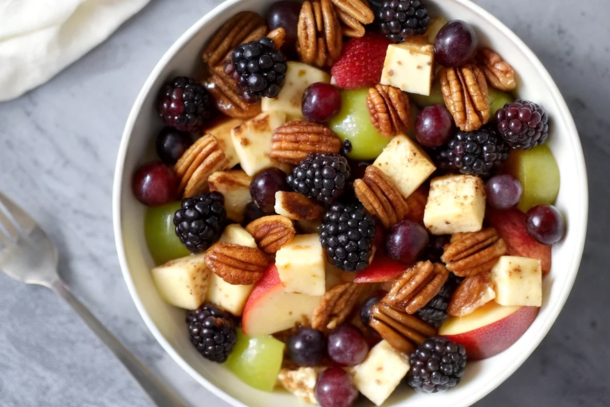 Colorful fall fruit salad with diced apples, pears, grapes, and pomegranate seeds in a white bowl, topped with toasted pecans and drizzled with maple cinnamon dressing, perfect autumn seasonal recipe