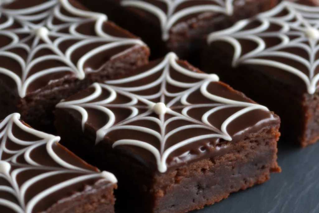 Spiderweb brownies with white chocolate web design on dark chocolate ganache, perfect spooky desserts for Halloween baking