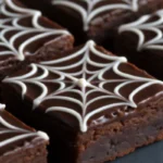 Spiderweb brownies with white chocolate web design on dark chocolate ganache, perfect spooky desserts for Halloween baking