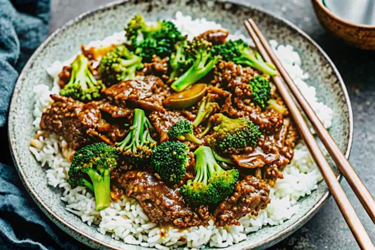 Chinese Beef and Broccoli stir fry in black skillet with tender beef strips, bright green broccoli florets, and glossy brown sauce, ready to serve over rice