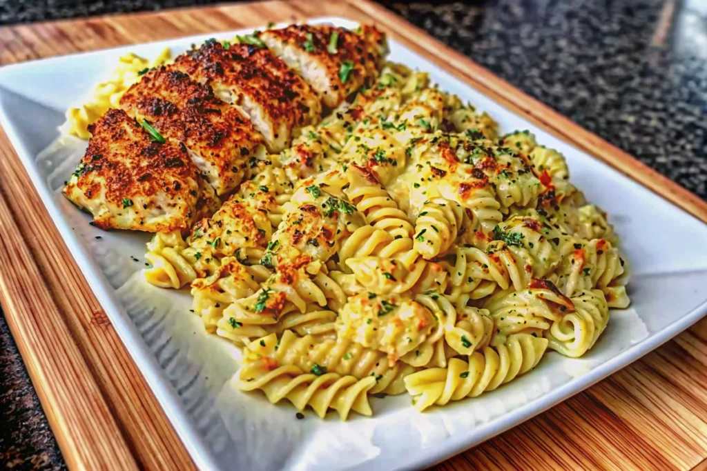 Creamy garlic parmesan chicken pasta in a white bowl with golden seared chicken pieces, fusilli pasta coated in rich cream sauce, garnished with fresh parsley and grated parmesan cheese
