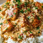 Creamy smothered chicken and rice served in a white bowl with fresh parsley garnish, showing tender chicken breasts in rich cream sauce over fluffy rice