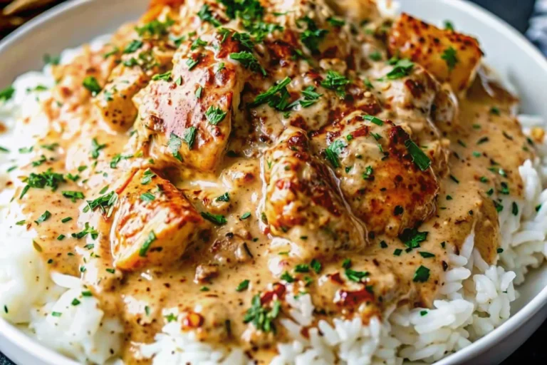 Creamy smothered chicken and rice served in a white bowl with fresh parsley garnish, showing tender chicken breasts in rich cream sauce over fluffy rice