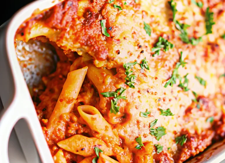 Delicious baked ziti pasta casserole with melted mozzarella, ricotta, and Italian sausage in a 9x13 baking dish, showing golden brown cheese top and creamy layers