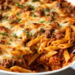 Bubbling hot baked ziti with ground beef in white ceramic baking dish topped with melted mozzarella and Parmesan cheese, garnished with fresh parsley