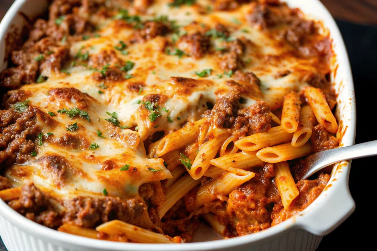 Bubbling hot baked ziti with ground beef in white ceramic baking dish topped with melted mozzarella and Parmesan cheese, garnished with fresh parsley